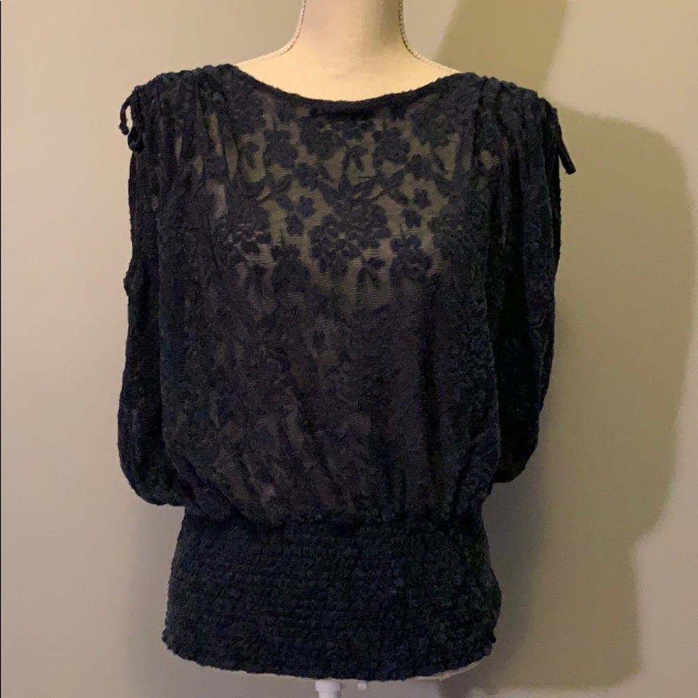 Anthropologie navy sheer floral print sleeveless top